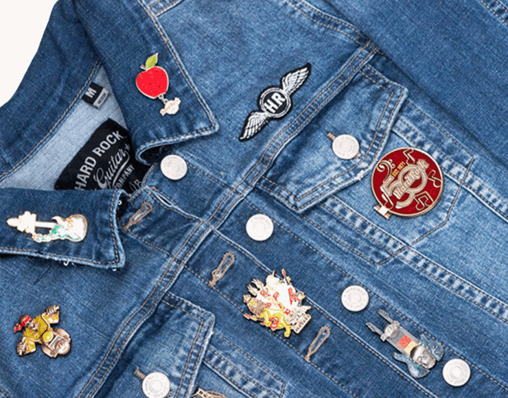 Blue jean jacket with the new hard rock pins
