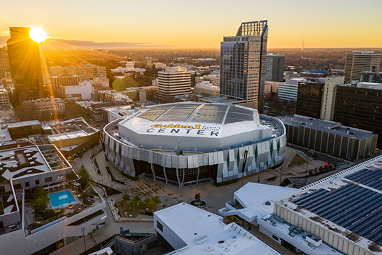 bird’s eye view of Golden 1 Center in Sacramento